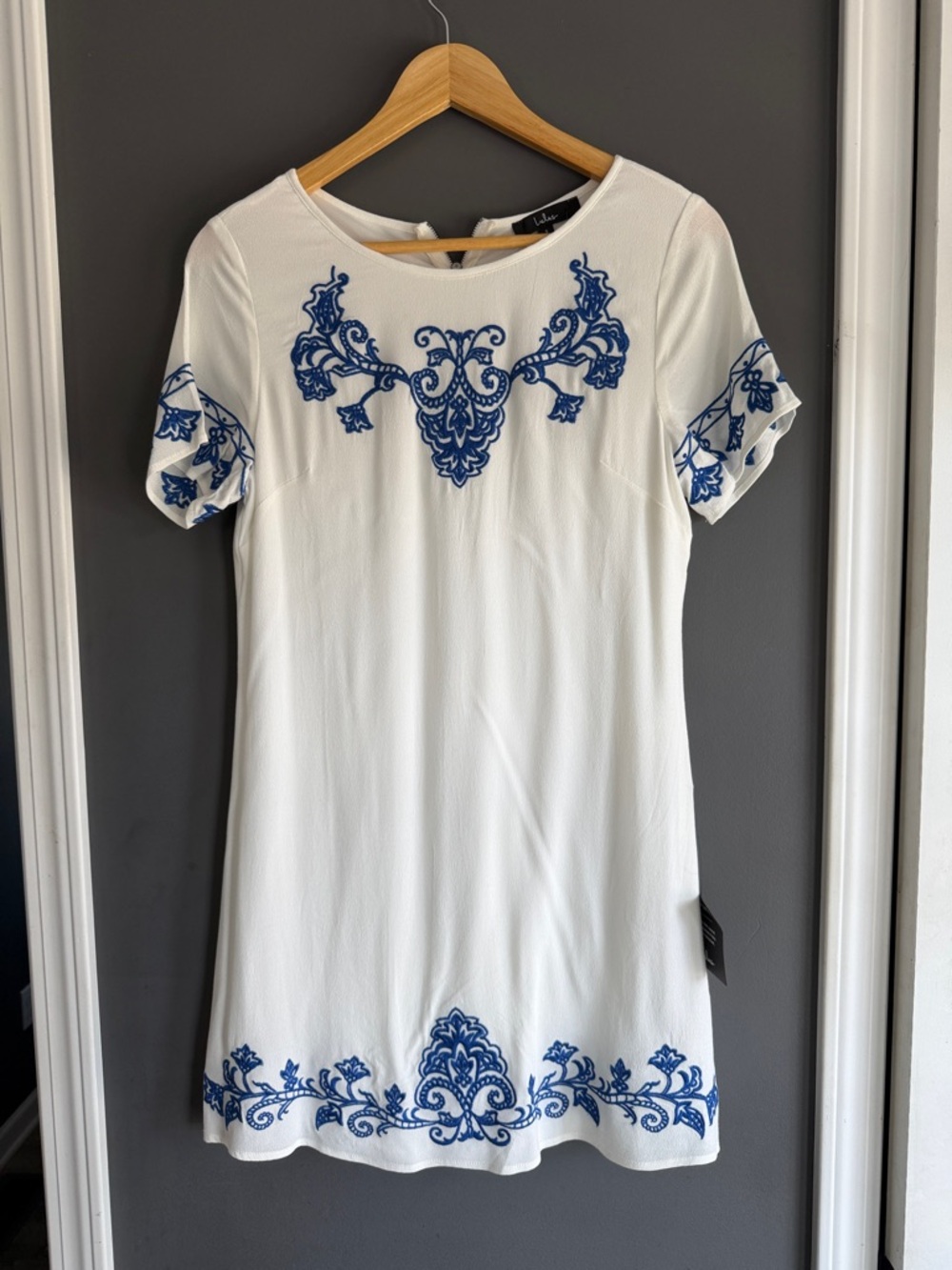 Lulu's White Dress with Blue Embroidered Motif